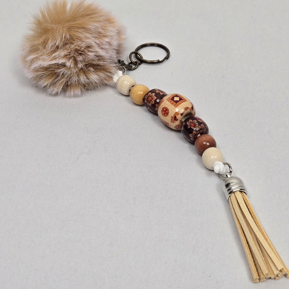 Boho Faux Fur Pom Pom Keychain Wooden Bead Tassel Bag Charm Tan Brown